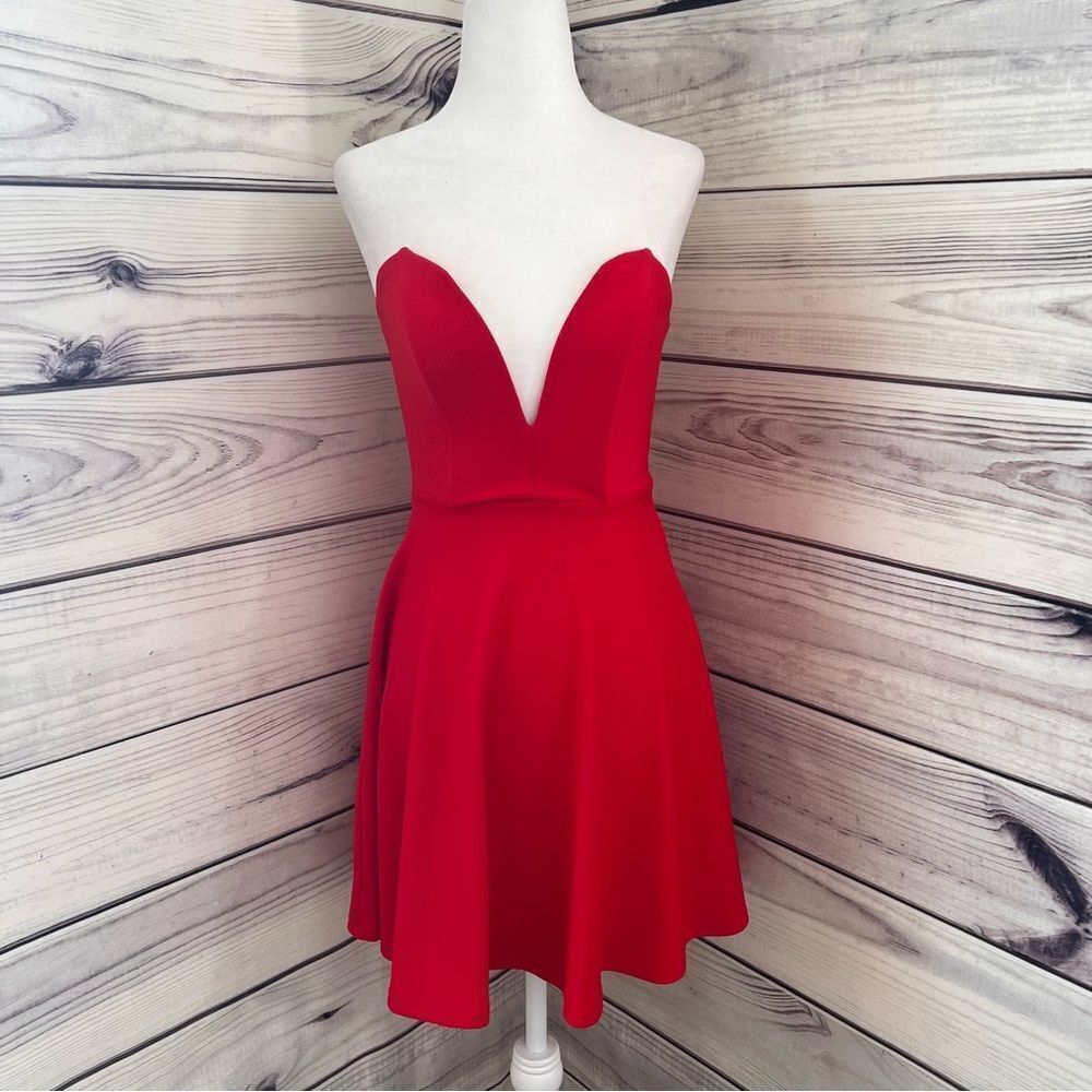 Lulus Red Strapless Deep V Neckline Fit & Flare Dress